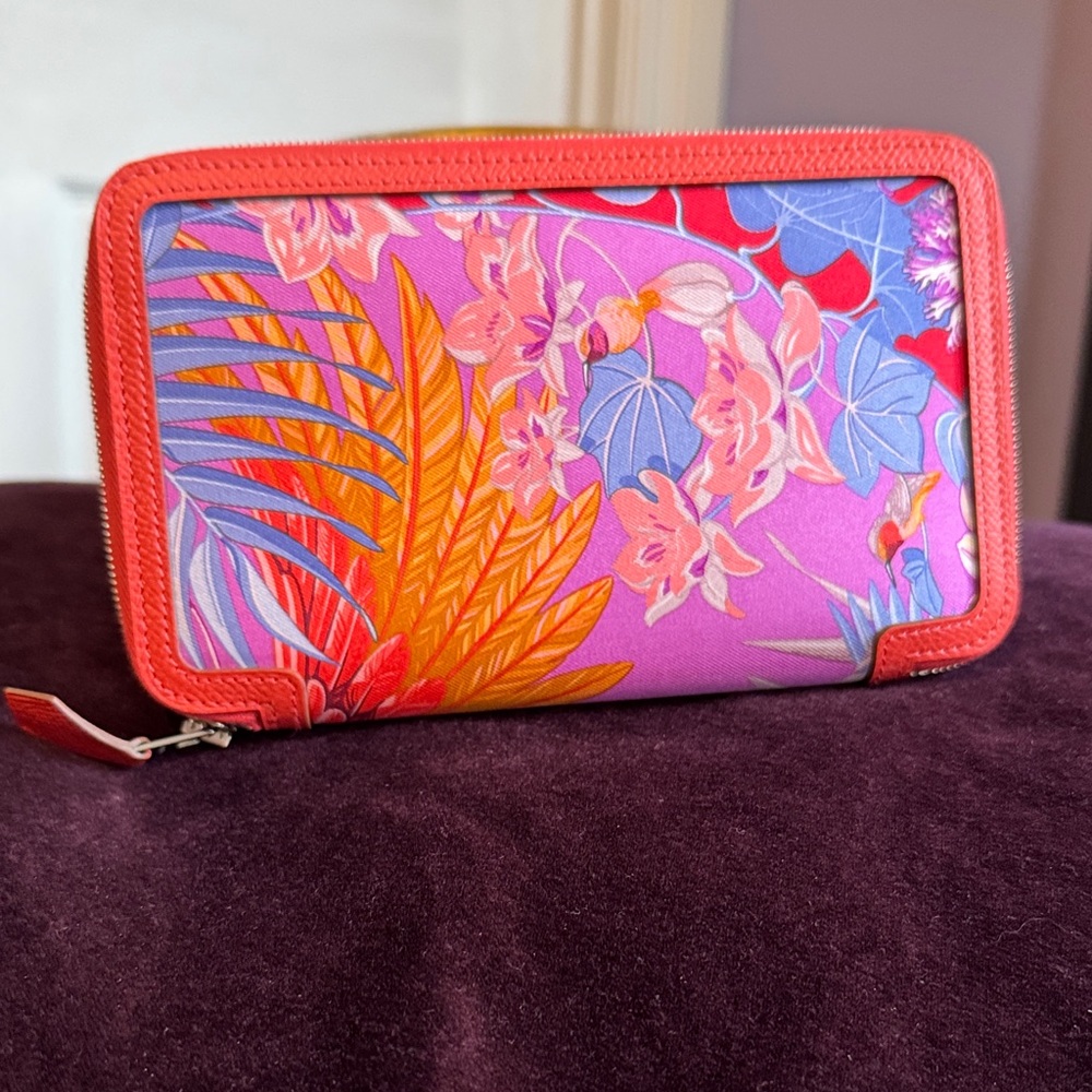Hermes Soie Cool Flamingo Party Epsom & Silk Zip Around Wallet w/Coin Insert